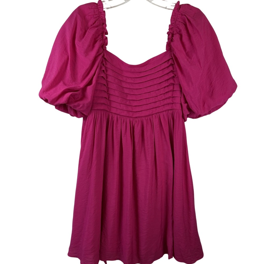 Moon River Anthro Hot Pink Open Back Pleated Fit & Flare Puff Sleeve Dress Sz S